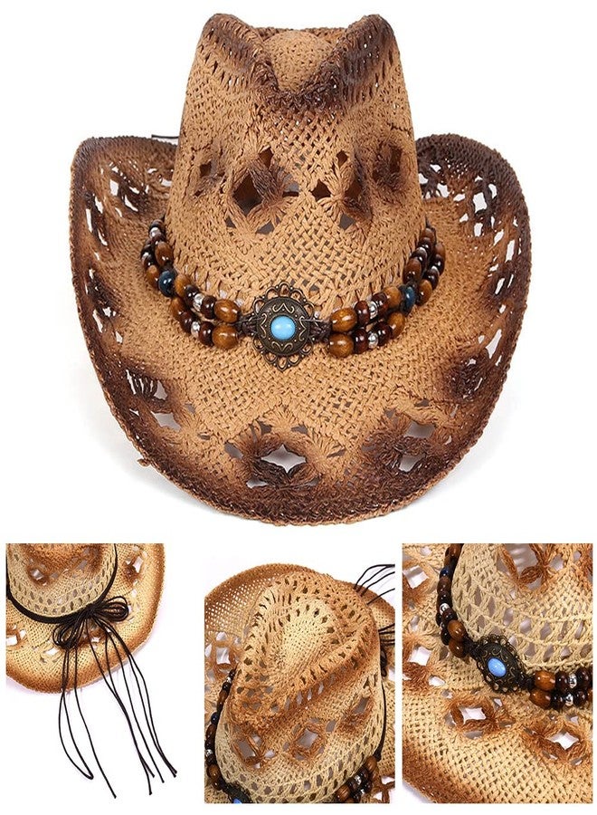 CeFurisy Woven Straw Cowboy Cowgirl Hat, Beach Hat Western Cowboy Hat for Clothing Costume Khaki - Image 5